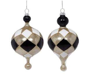 3pc Mark Roberts Harlequin Glass Ornaments 5in Black White Gold Glitter Glam